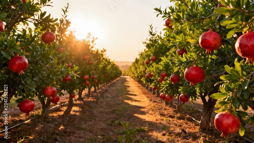 Ultra realistic pomegranate plantation with ripe red pomegranates hanging on healthy trees