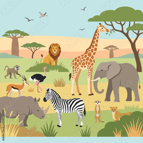 Canvas Print A colorful illustration of various wild animals in the savanna