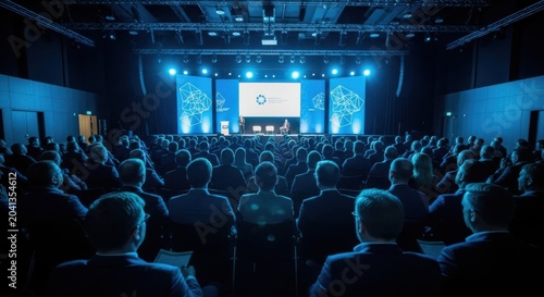 Audience attending a professional business conference in a large auditorium with stage lighting