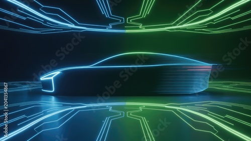 Futuristic electric sports car speeding through neon lit digital highway with glowing circuit patterns and cyberpunk lighting effects on transparent background