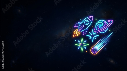 Neon space icons with rocket and planets on dark background