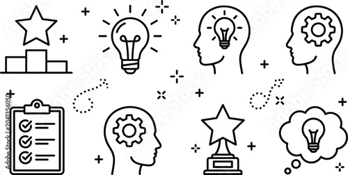 Business psychology and achievement line icon set featuring trophy podium lightbulb brain gear creativity vector illustration graphic design