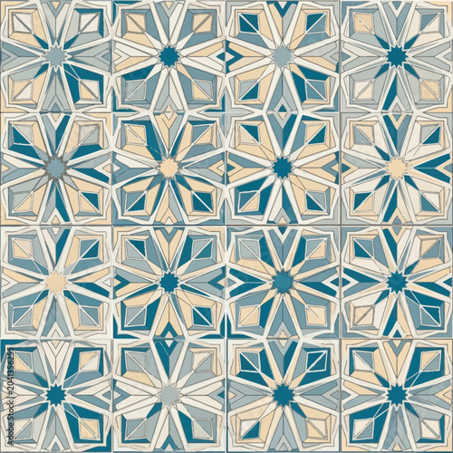 Moroccan geometric tile pattern with star motifs in blue, teal, beige, and cream colors. Seamless mosaic design inspired by traditional Islamic zellij and Mediterranean ceramic art.