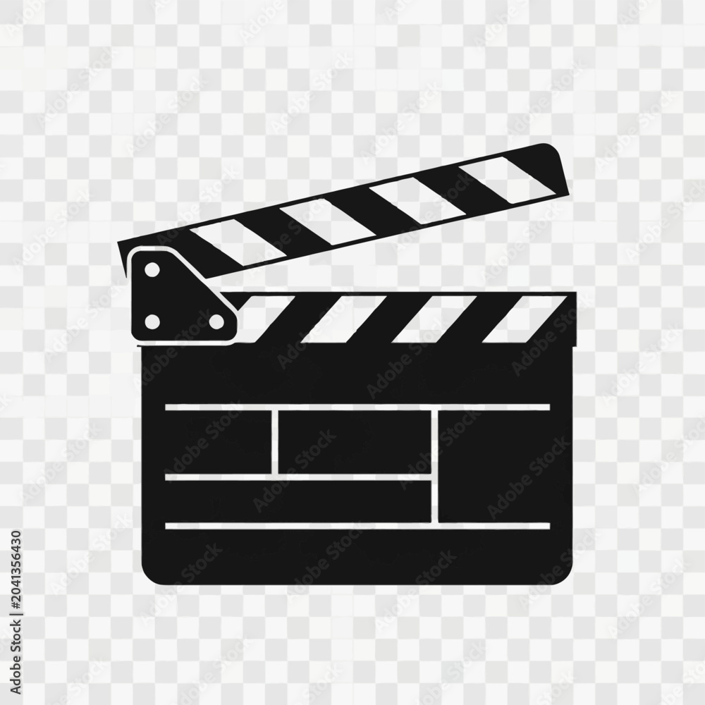 Fototapeta premium Silhouette of a movie clapperboard in an open position with black and white diagonal stripes, featuring fields for film production data, isolated on a transparent grid icon.