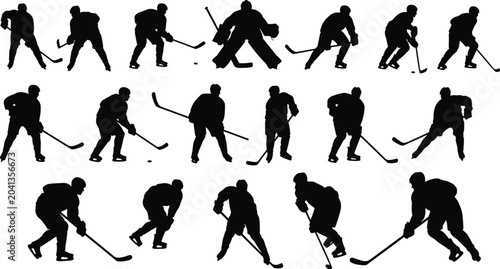 Photography Set of ice hockey player silhouettes in various action poses isolated on white b