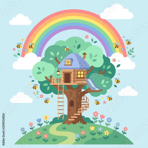A colorful treehouse sits under a bright rainbow in the sky