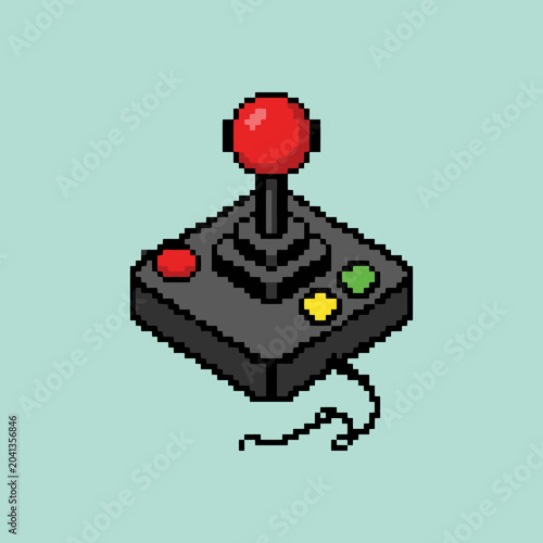 A retro pixel art joystick controller on a light blue background