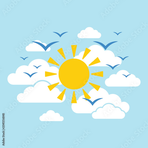 A bright yellow sun shines among white clouds and flying birds