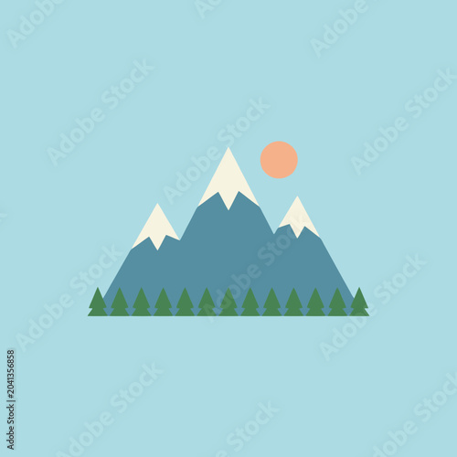 A flat vector illustration of snowy mountains and pine trees