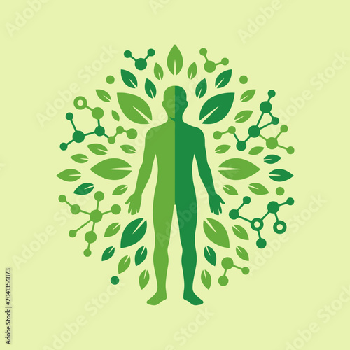 A human silhouette surrounded by green leaves and molecular structures