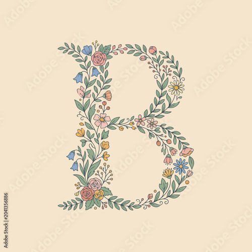 A decorative letter formed by colorful hand drawn garden flowers