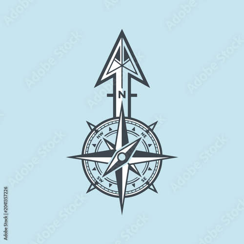 A detailed illustration of a classic navigational compass and arrow