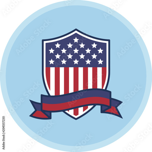 A patriotic shield emblem with stars and stripes on a circle
