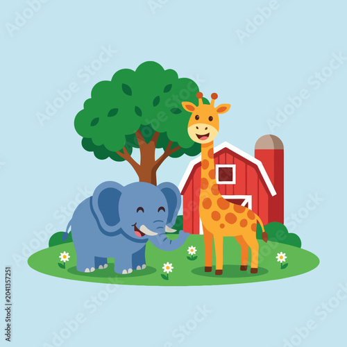 A cute elephant and a tall giraffe stand near a red barn