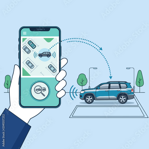 A hand holding a smartphone showing a vehicle parking app interface