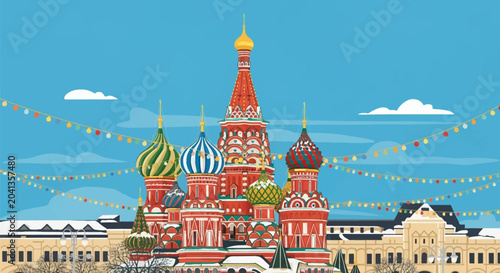 Vector illustration of Saint Basil's Cathedral on Red Square in Moscow, Russia, featuring colorful onion domes, festive holiday string lights, snowy roofs, and a clear blue sky background.