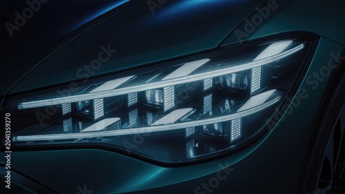 Close up of a modern car's led headlight on a dark background with blue glow on transparent background