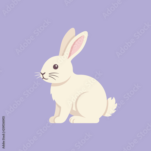 A cute white rabbit sits against a soft purple background
