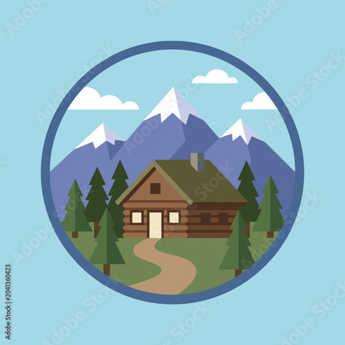 A flat vector illustration of a cabin near snowy mountains