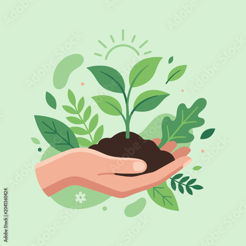 A hand holding a small green plant growing in dark soil