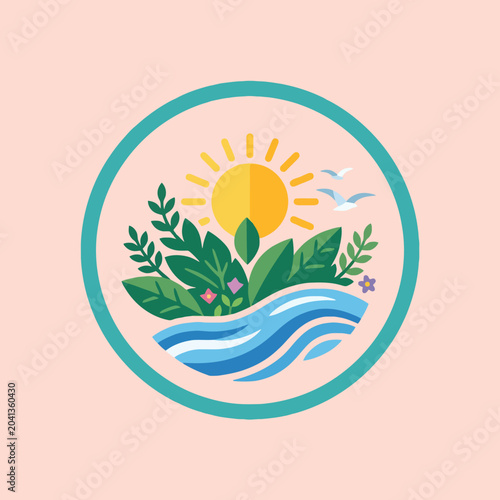 A circular illustration of a sunny landscape with lush green plants