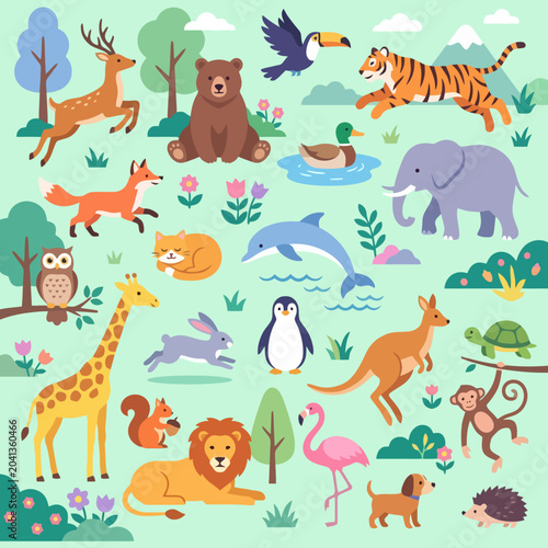 A collection of various wild animals in a flat vector style