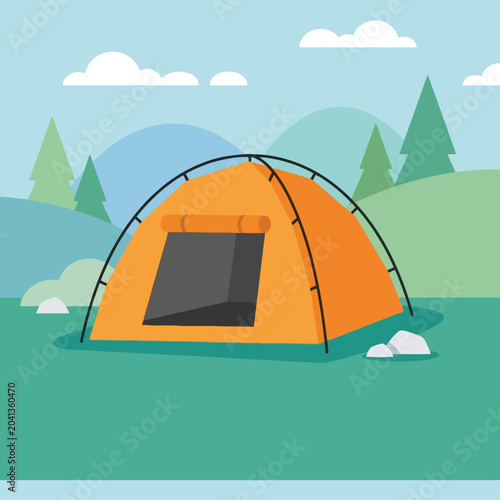 An orange camping tent sits in a peaceful green meadow landscape