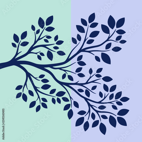 A dark blue tree branch silhouette on a split color background