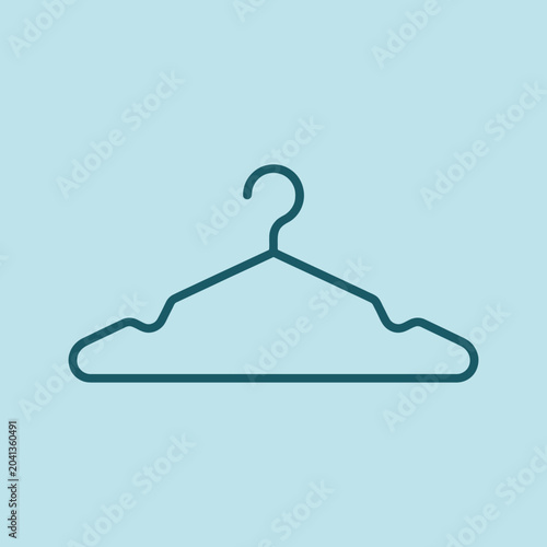 A simple dark teal clothes hanger icon on light blue background