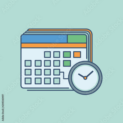 A flat vector illustration of a monthly calendar and a clock