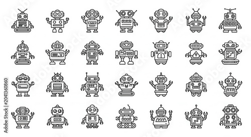 Collection of 28 Minimalist Robot Line Icons for Technology, Artificial Intelligence, and Automation Projects