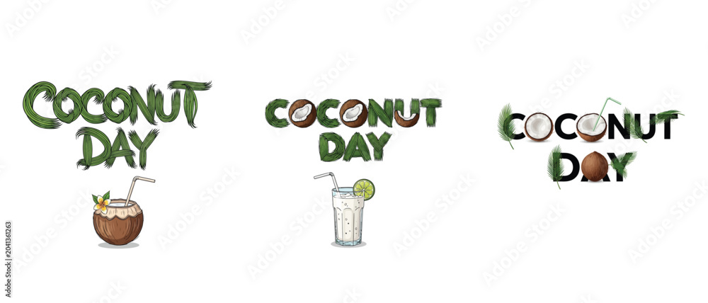 Fototapeta premium Set of coconut day lettering designs with tropical elements, coconuts and drinks isolated on white background t shirt vacation