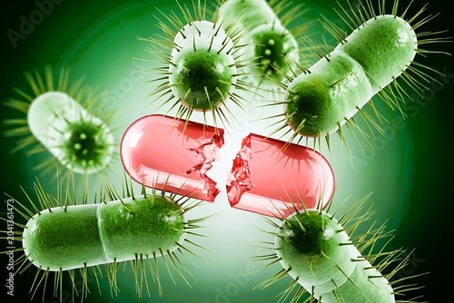 bacteria swarming broken drug pill. Antibiotic resistance infection