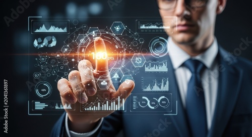 Businessman interacting with futuristic holographic financial data dashboard screen