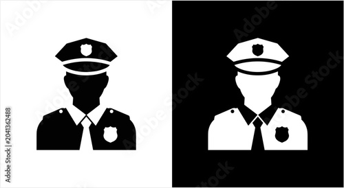 Schilderij op canvas Police Officer Icon Silhouette Uniform Badge Hat.