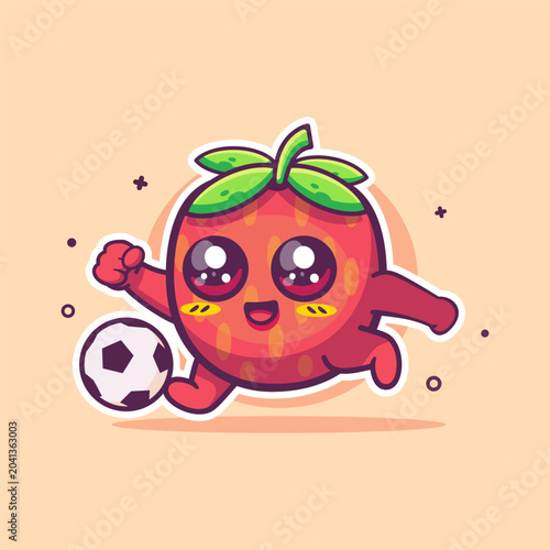 cheerful strawberry fruit character mascot playing football isolated cartoon