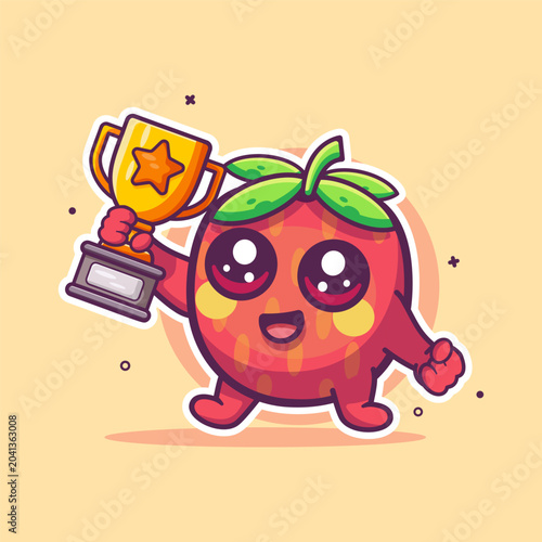 Cute strawberry cartoon character mascot holding a golden trophy. Victory and success for fresh organic fruit farming or healthy food achievement concept illustration