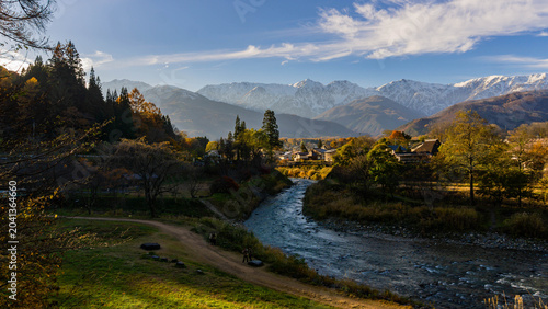 Beautiful landscape of Oide Park in Hakuba Village, Nagano, gently brushed by the warm evening sunlight the autumn season.