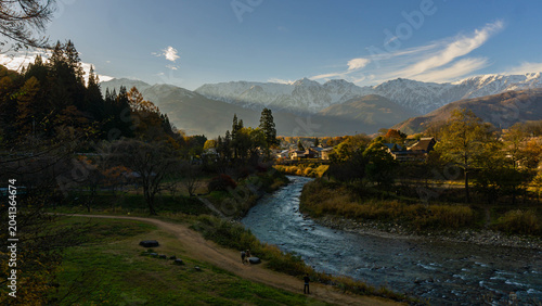Beautiful landscape of Oide Park in Hakuba Village, Nagano, gently brushed by the warm evening sunlight the autumn season.