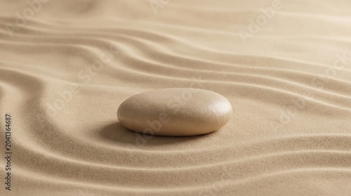 Abstract 3D rendering of monochromatic beige wavy sand background with a smooth pebble
