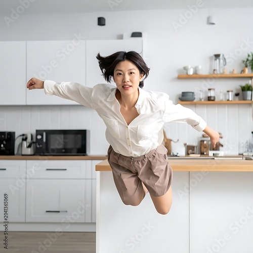 Young woman jumping in modern kitchen.