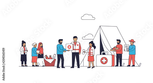 Tableau sur toile Humanitarian Aid: Volunteers Distribute Supplies to Refugees Near Tent