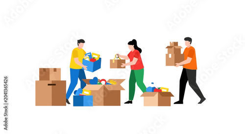 Fotografía People packing boxes for donation or moving, teamwork, organization, white backg