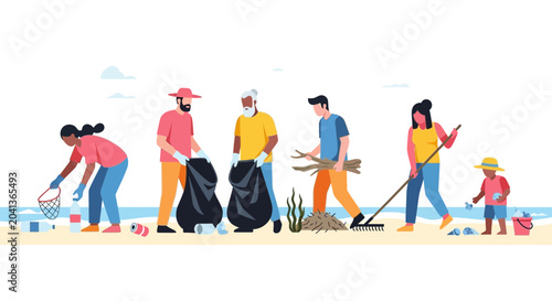 Foto Diverse people cleaning beach, collecting plastic waste for environmental conser