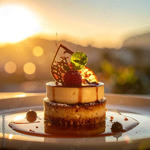 Delicious dessert with fresh berry outdoors.