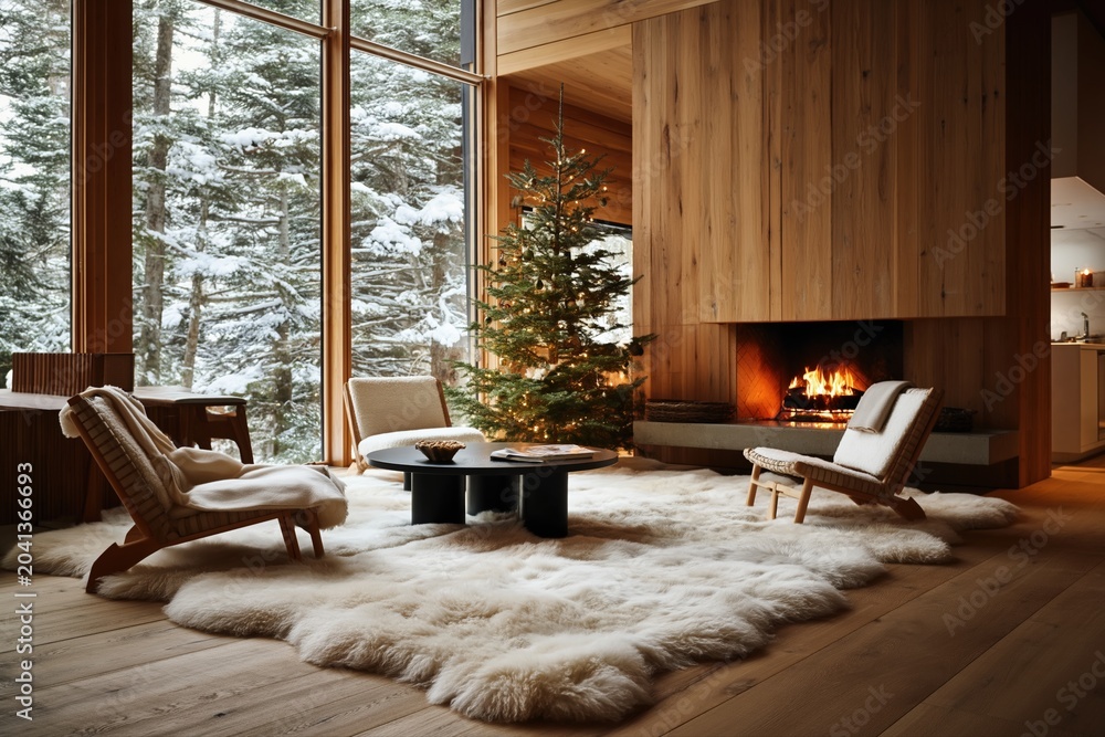 Naklejka premium Cozy winter interior with fireplace and fur rug living room