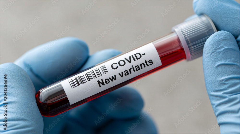 Obraz premium Gloved hand holding blood sample tube with covid new variants label