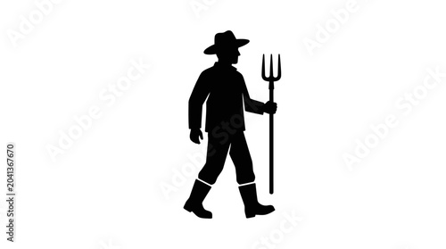 Foto Farmer holding a pitchfork stands in a side profile silhouette against a plain white background