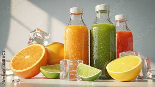 Freshly squeezed citrus juices in glass bottles with ripe oranges and limes sliced for summer refreshment drinks on transparent background