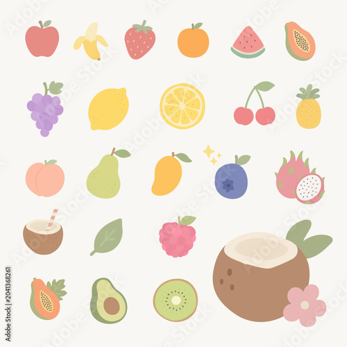 Cute pastel fruit clipart set with tropical and fresh fruits, coconut drink, and simple leaves